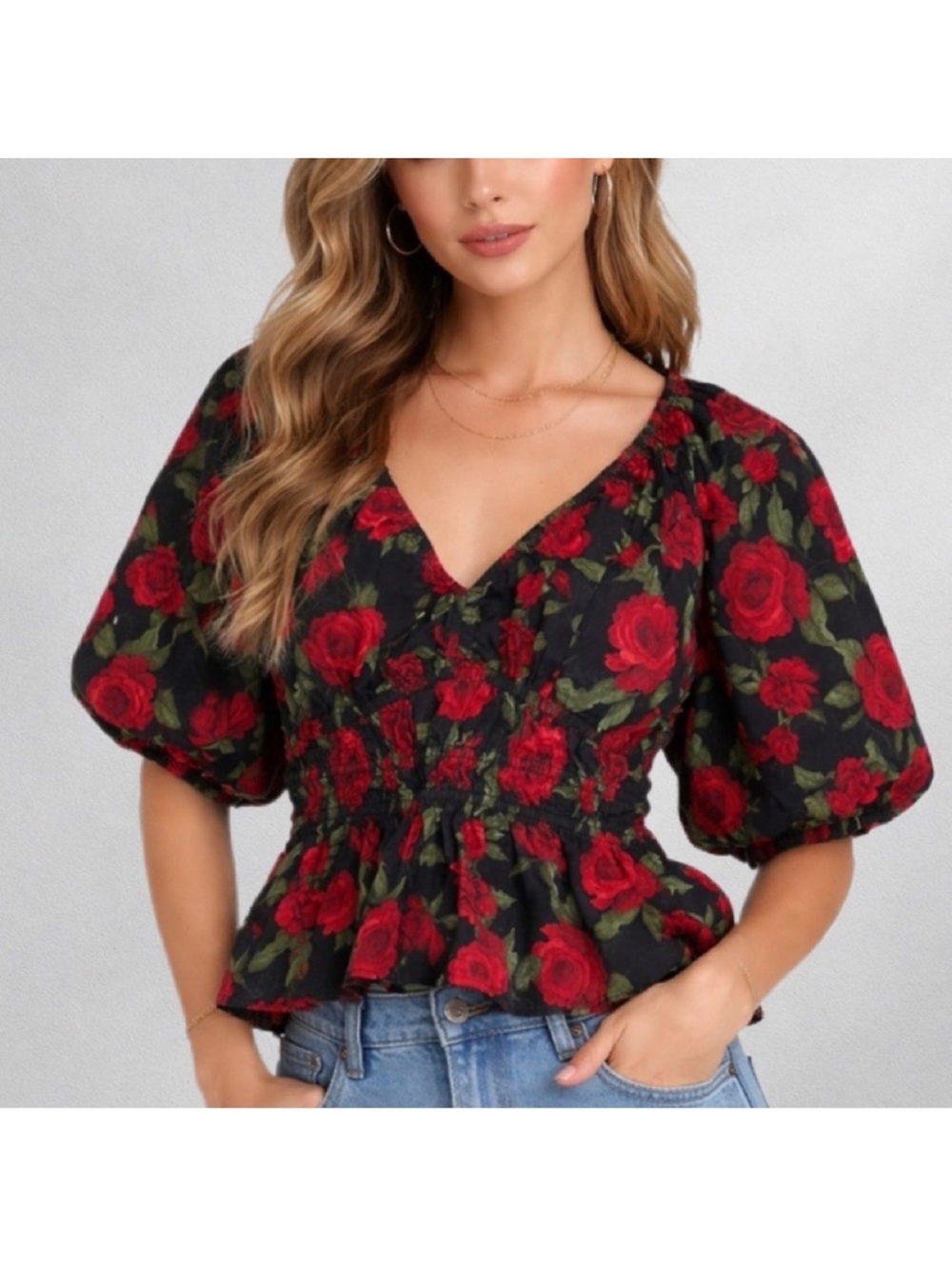 Old Navy Black Floral Smocked Peplum Top with Red Roses